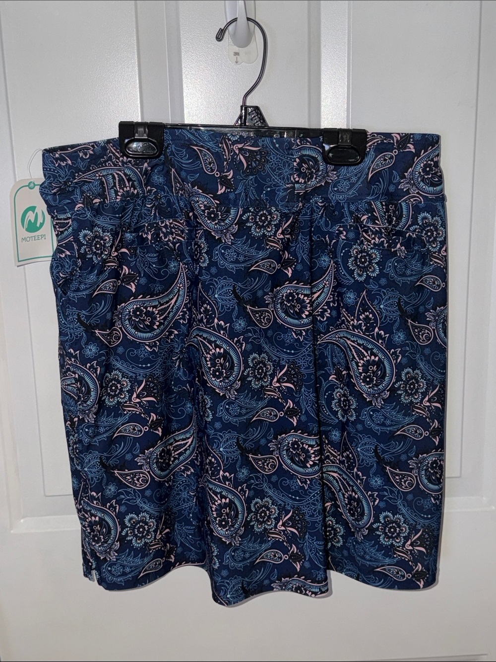 Navy Paisley A-Line skort with a touch of pink Accents